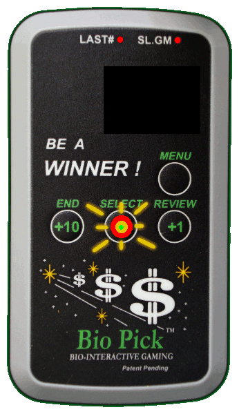 Bio-Pick hand-held electronic lottery number picking device, with bio-sensors & sensory feedback via sight & sound.